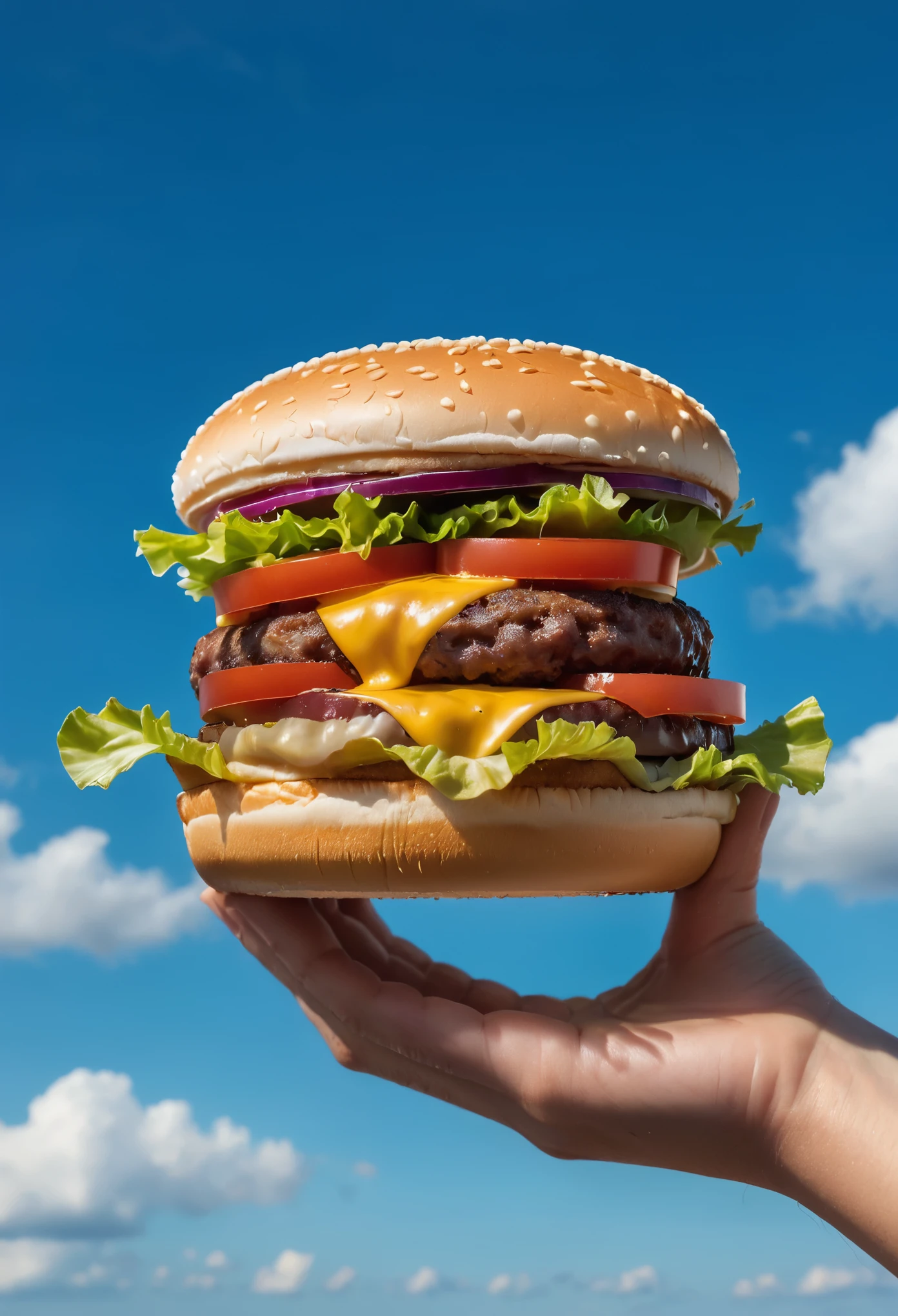 macro photography, 1 hand holding a burger flying in the blue sky, aesthetic product photography, natural light, super details, high quality, High-definition, product commercial photography, clear, Fuji camera telephoto lens