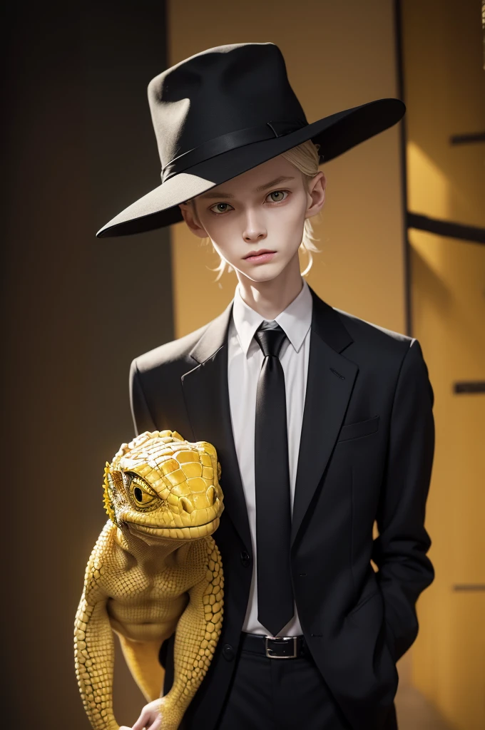1 old skinny humanoid, pale skin with wrinkled face, blooming yellow eyes of a reptile, black suit hat and tie.