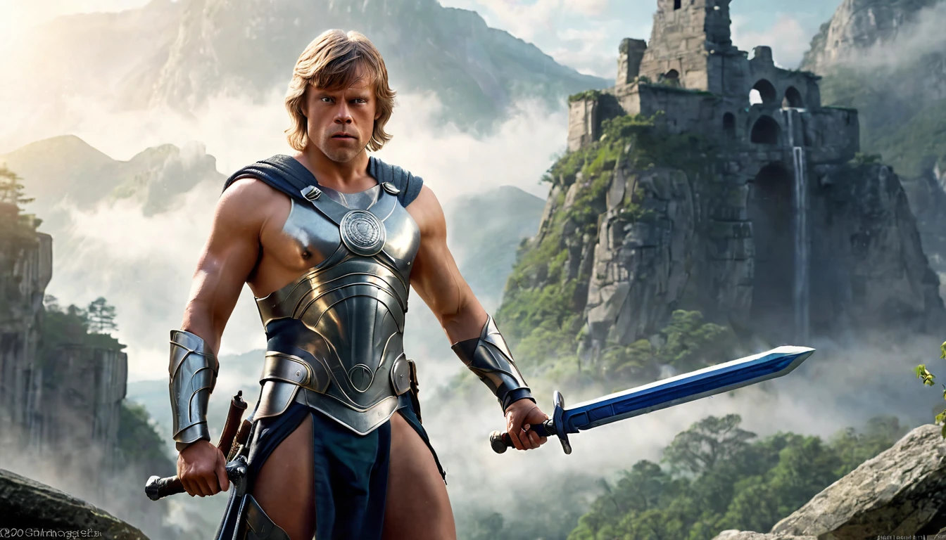 (best quality, realistic, ethereal: 1.2), (muscular man) (with luke skywalker face), long, loose blonde hair, strength and determination, muscular, warrior armor and weapons, in the background, majestic mountains and lush forests, soft sunlight casting a magical glow, ancient ruins and mysterious runes, heroic pose, artistic rendering, shades of blue and silver, subtle fog and mist, studio lighting, full length, in the background, cinematic, ultra detailed, visually rich, concept art, intricate details, extremely detailed, ultra sharp focus, attention to detail, grandeur and awe, stunning visual masterpiece, double exposure, 32k, photorealistic, outline strong, cinematographic scene, top quality
