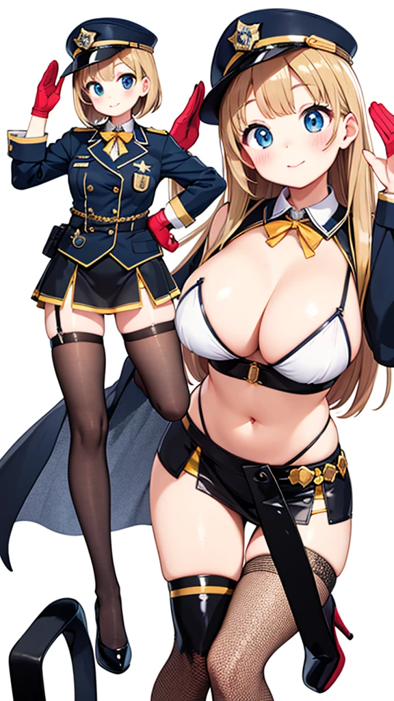 One female、Miniskirt Police、High heels、Enamel costume、salute、front、View here、White background、