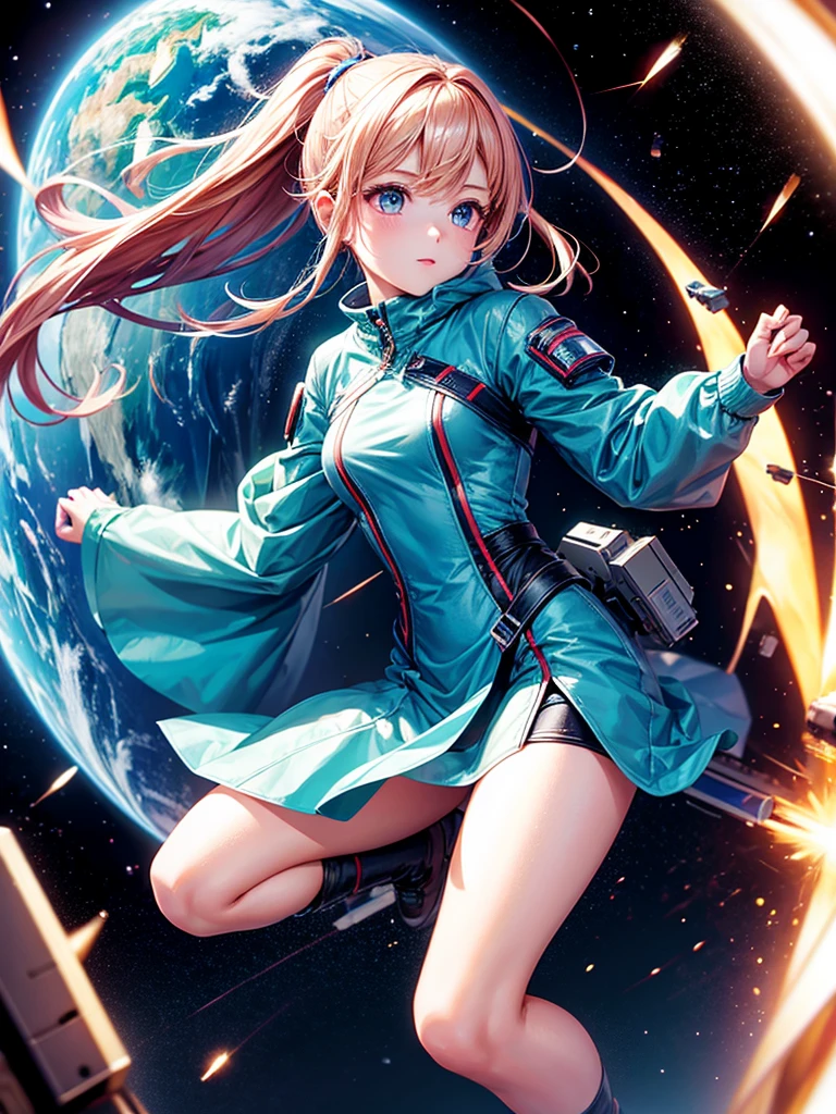 Highest quality,Highest Resolution,A beautiful android girl flying in space,Earth in the background,Equipped with cutting-edge technology,