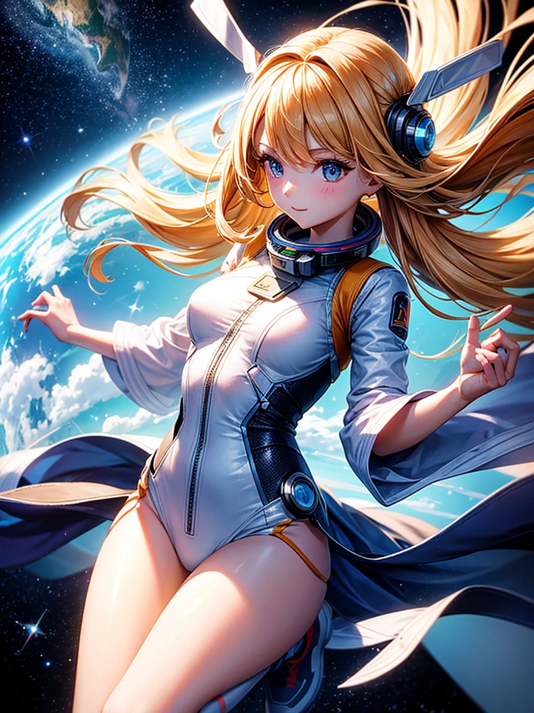Highest quality,Highest Resolution,A beautiful android girl flying in space,Earth in the background,Equipped with cutting-edge technology,