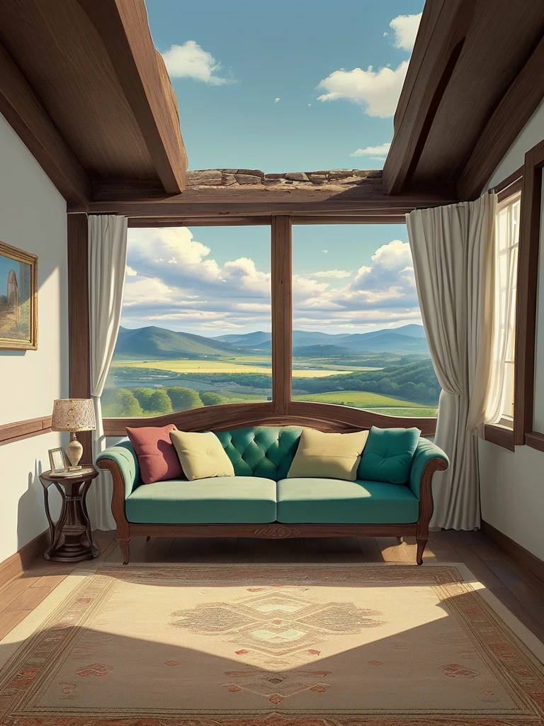 Draw medieval scene of mountin facing green, stone bedroom, tomes, sofa, blue sky, beautiful sunny day, aesthetically beautiful, earthy colors, cozy space, carpet, vibrant saturated colors, beautiful color palette, masterpiece, calm, peaceful, no human, cloudy sky, lofty view