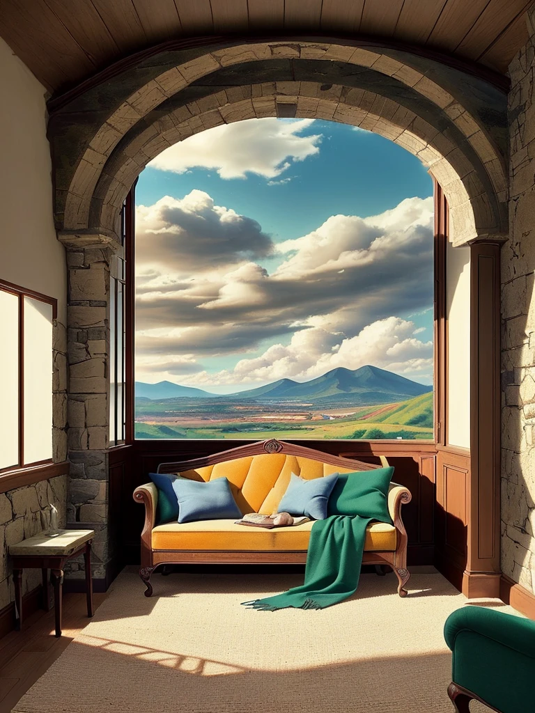 Draw medieval scene of mountin facing green, stone bedroom, tomes, sofa, blue sky, beautiful sunny day, aesthetically beautiful, earthy colors, cozy space, carpet, vibrant saturated colors, beautiful color palette, masterpiece, calm, peaceful, no human, cloudy sky, lofty view
