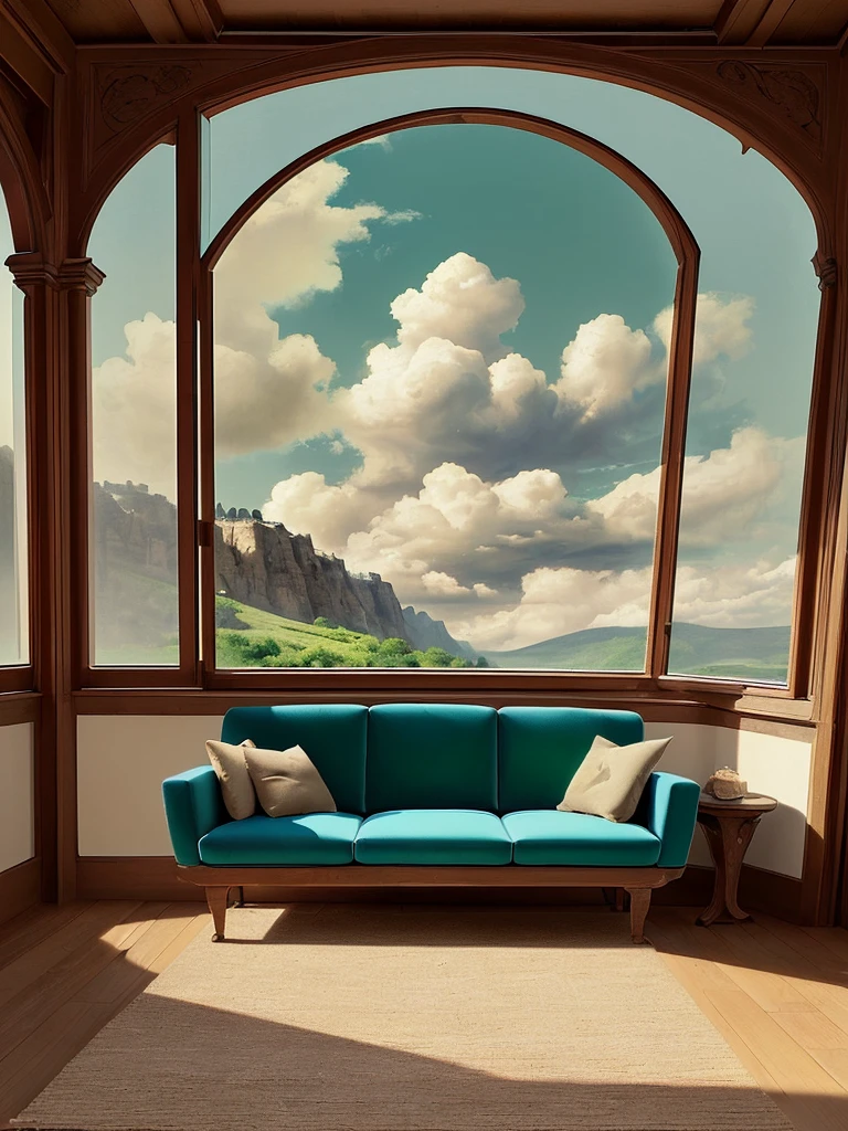 Draw medieval scene of mountin facing green, stone bedroom, tomes, sofa, blue sky, beautiful sunny day, aesthetically beautiful, earthy colors, cozy space, carpet, vibrant saturated colors, beautiful color palette, masterpiece, calm, peaceful, no human, cloudy sky, lofty view
