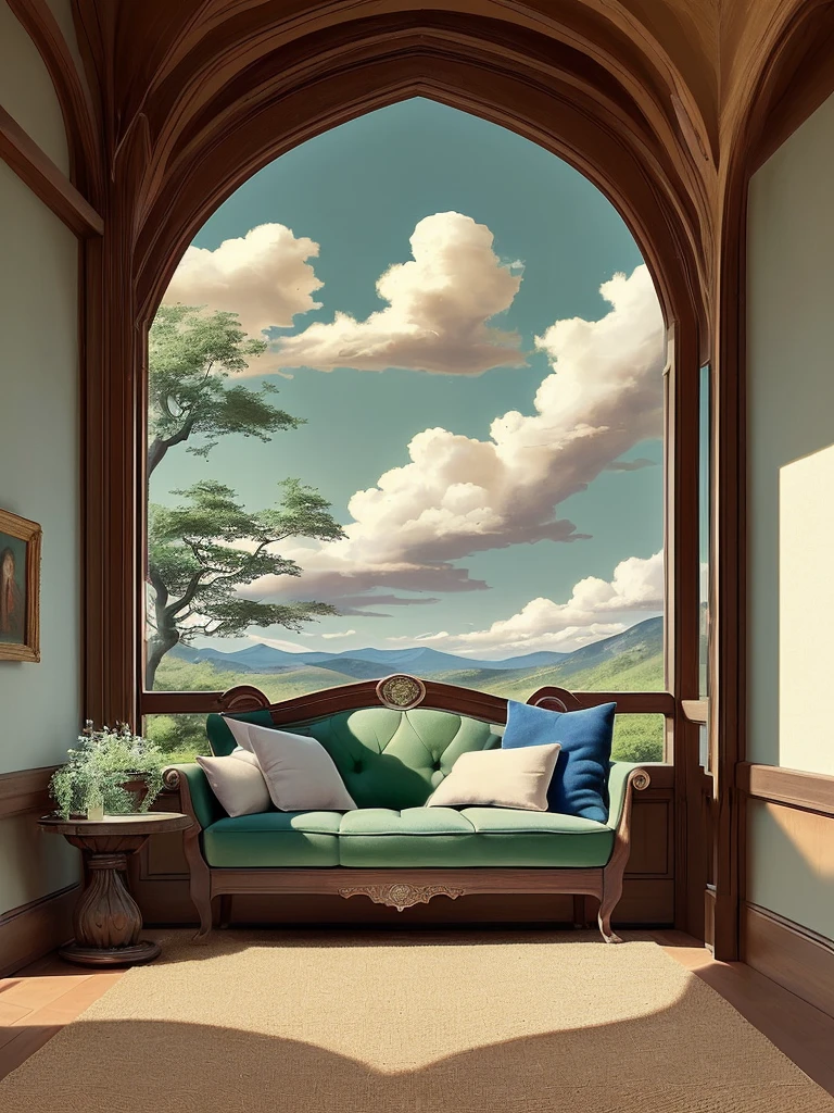 Draw medieval scene of mountin facing green, stone bedroom, tomes, sofa, blue sky, beautiful sunny day, aesthetically beautiful, earthy colors, cozy space, carpet, vibrant saturated colors, beautiful color palette, masterpiece, calm, peaceful, no human, cloudy sky, lofty view