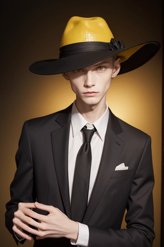 1 old skinny humanoid, pale skin with wrinkled face, blooming yellow eyes of a reptile, black suit hat and tie.