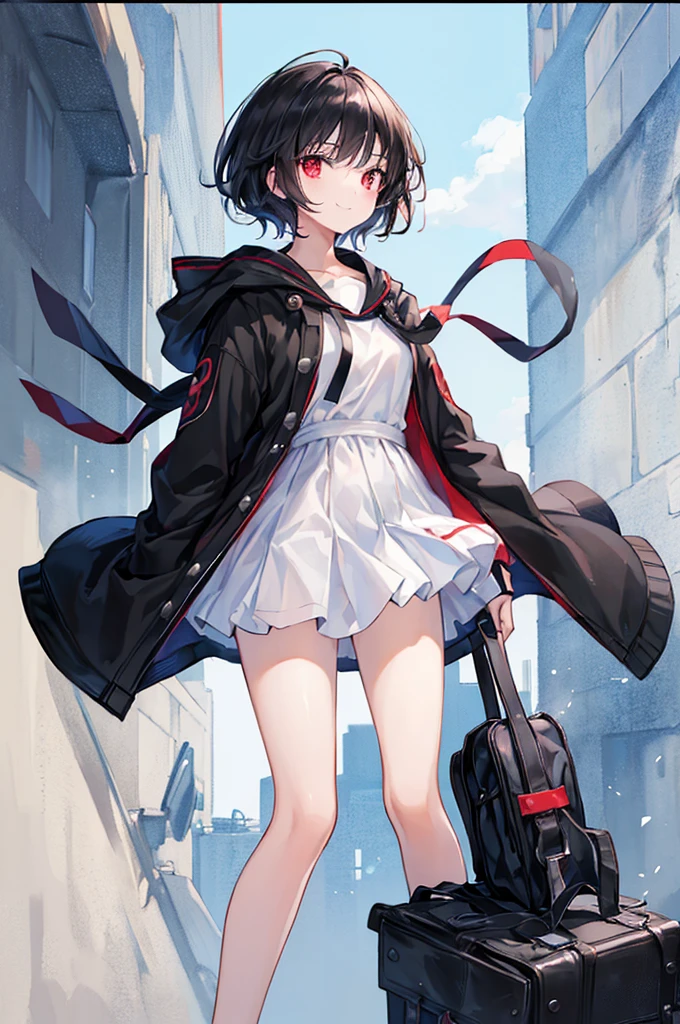 (masterpiece, highest quality, highest quality, (No text), Beautiful and aesthetic:1.2),No text,アニメ、 high resolution　BREAK,One Girl，Short black hair　Beautiful eyes　Red eyes　Beautiful girl　cool　smile　Black Coat　mini skirt　Whole body　profile　Night view　Detailed eyes and face