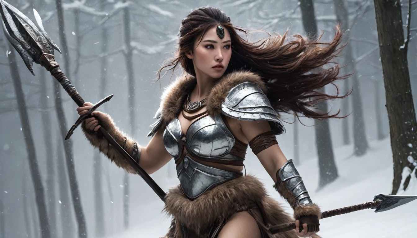 A powerful and majestic female beast-warrior. She wields a spear in her hand and wears a minimal fur outfit.