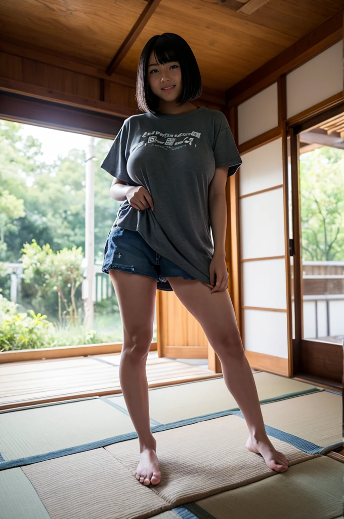 15yo girl, Black A-line bob cut, cute smile girl, (standing), (((oversized gray T-shirt))), denim shorts, barefoot, (((clothed huge breasts, huge breasts, sagging breasts,))), (((looking down))), symmetrical eyes, sitting, full body shot, washitsu, scenery, tatami, sliding doors, indoors, window,
