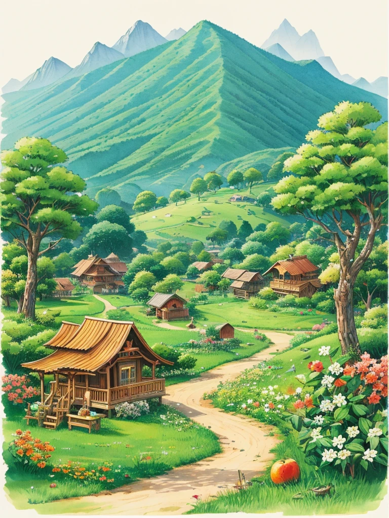 A rich land full of trees and fruits、Ink Painting