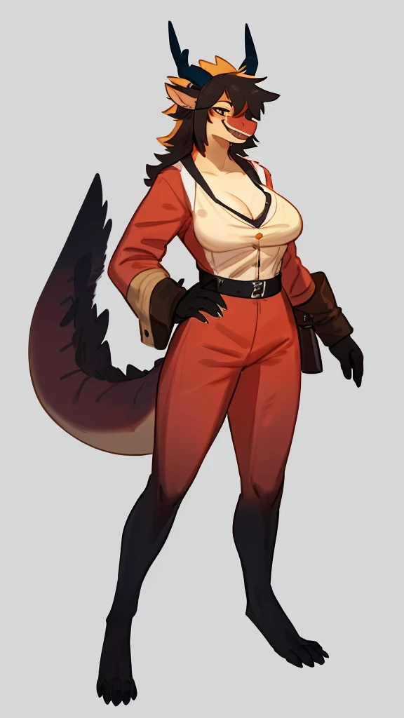 By bebebebebe, by lostgoose, by goonie-san, solo, standing, female, dragon, fuerte,sexy, hair long, blak, smiling, happy,pirate full body
