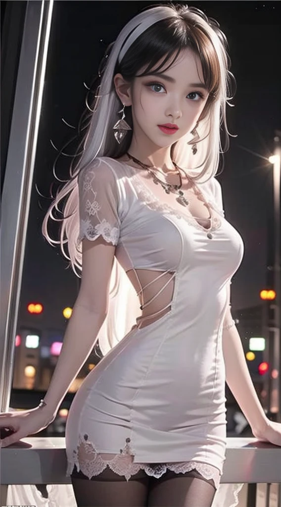 8K, masterpiece, original photo, (best quality, detailed:1.3),Practical, extremely detaileded CG unity 8K wallpaper, Professional photography, ((Surrealism:1.3)), (Focus clarity:1.25), Writing border depth, light, lens flare, Ray Tracing, (Very beautiful face, Beautiful lips, beautiful eyes), intricate detailed face, ((ultra detaileded skin)), A girl, in the darkness, Deep Shadows, pretty girl, Have a perfect body, (Perfect balance), (((Anatomically correct))), Precision textured skin, (Very slim slender fit-muscled body:1.18), ((Viewer)),(A bright smile), (Bodycon Mini Dress), (Short sleeve) , (city night, (Neon), (night), earrings, bracelet, necklace, Pantyhose, Clear eyes, Walk, Expectations, (big eyes), ((Upper body shooting)), Fitted dress, Silk dress, Lace dress, ((Bodycon dress)), (Midi dress), (See-through dress), Look Back, Shotgun, Very slim, defamation, Blonde double diamond hair, Magenta dress, Tight mini skirt