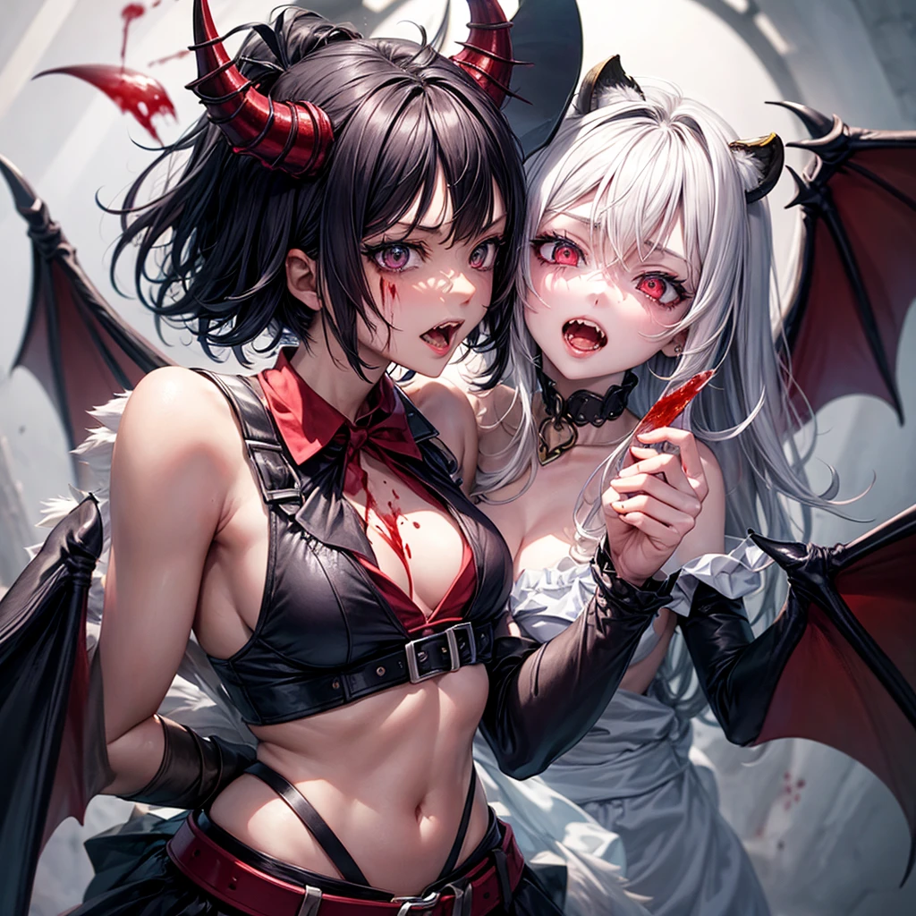 His chest was covered in blood、Anime girl with blood dripping from her chest, Gothic girl anime girl, gapmoe Yandere grimdark, Devil anime girl, Shatia Bradfren, Bad guy anime 8k, Yandere intricate, portrait gapmoe Yandere grimdark, Vampire Girl, bloody + Concept Art, Yandere, Anime style 4k, Detailed digital anime art,Devil Wings,Bat Wings,Tiger Teeth,Open mouth and bite