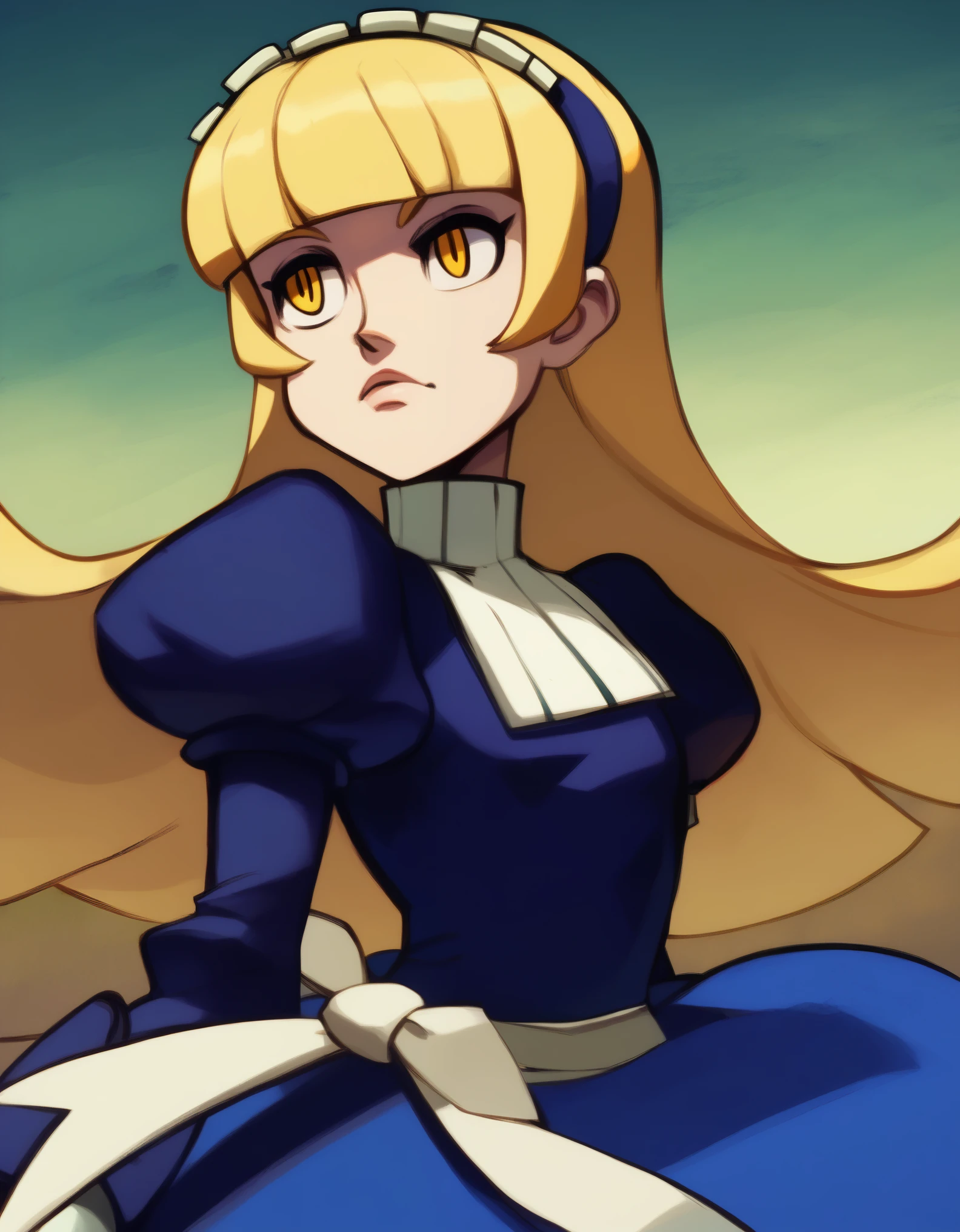 score_9, score_8_up, sgStyle, 1girl, alicesmt, dress, long hair, blonde hair, hairband, blunt bangs, puffy sleeves, blue dress, yellow eyes