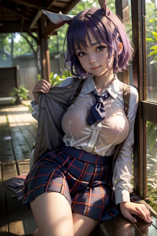 sit in tropical rainforest , steam ,rain, waistband of skirt is at the point above chest , plaid skirt , pleated skirt , Tight shirt , white Shirt , school girl , skirt under breasts , skirt is near breasts area , skirt is adjacent to the chest , (masterpiece, best quality, hires, high resolution:1.2, 4k, 8k , high quality), extremely detailed, realistic, intricate details, highres, 1girl, solo, (large breasts, thick thighs, wide hips), arched back,(cinematic lighting, sunlight, perfect lighting, backlighting), eye-level shot, extreme close-up-shot, looking at viewer, , green skirt nakano_yotsuba_ecsta, blue eyes, orange hair, hair ribbon, nakano yotsuba, short hair, green ribbon, hair between eyes , masterpiece, best quality,   1girl,smile,reisen udongein inaba, purple hair,very long hair, rabbit ears, red eyes,black jacket,pink skirt,necktie, big breasts , big tits , twin tails hair