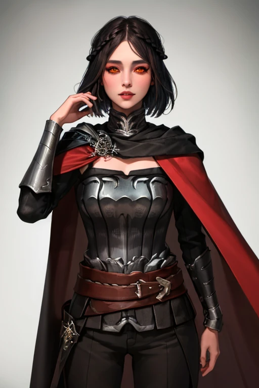 masterpiece,best quality, high quality,, ,Serana,black_hair, braid, cape,orange_eyes, red_eyes, black_sclera, colored_sclera,
  black sclera, colored sclera, 