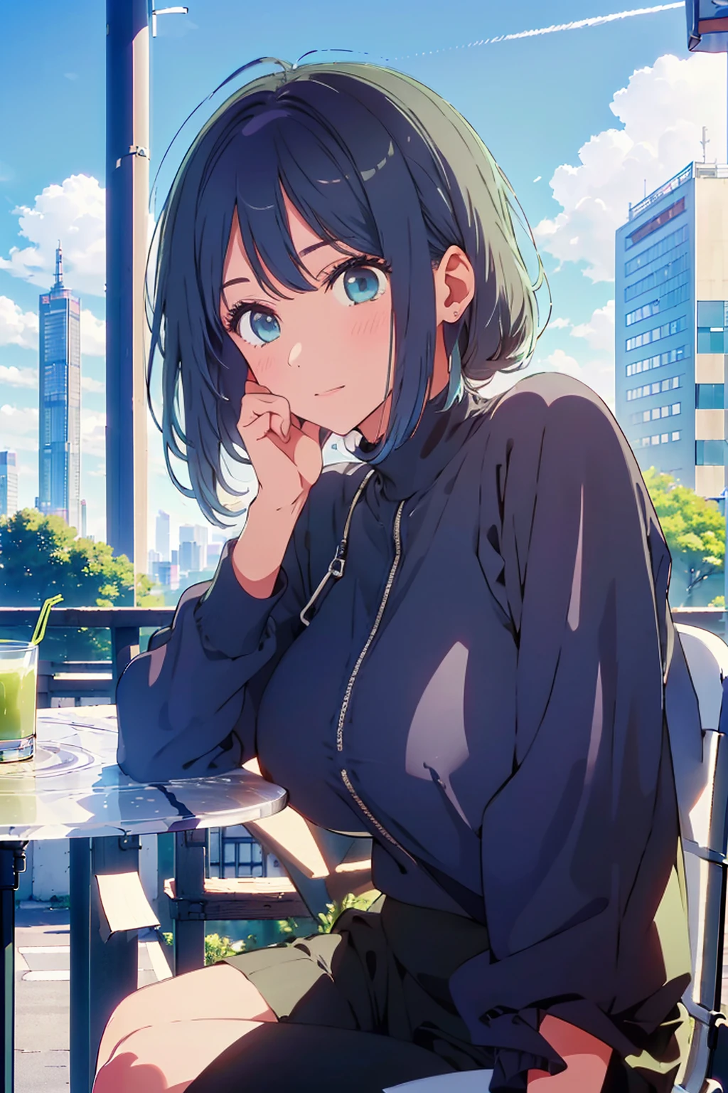 (Highest quality:1.4、8K:1.4、detailed)、F cup bust、Big Breasts、Slim body、Very white beautiful skin、((((1 person、Surprised expression、sit、Chair、In the background are the urban buildings of Tokyo、looking at the camera、Outdoor café terrace、Navy hair color、juice、table、Very cute face))))、((((nude、Areola))))、(Pose with hair tucked behind ear with one hand:1.4、Cheek resting on hand:1.4)、(Off-the-shoulder black blouson with zipper)、(Nipples)、Very blue sky、A completely cloudless sky