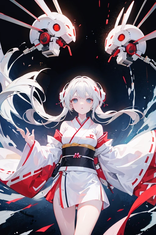 White-haired girl in a kimono,　fighting stance, float two hugege robotic hands around her