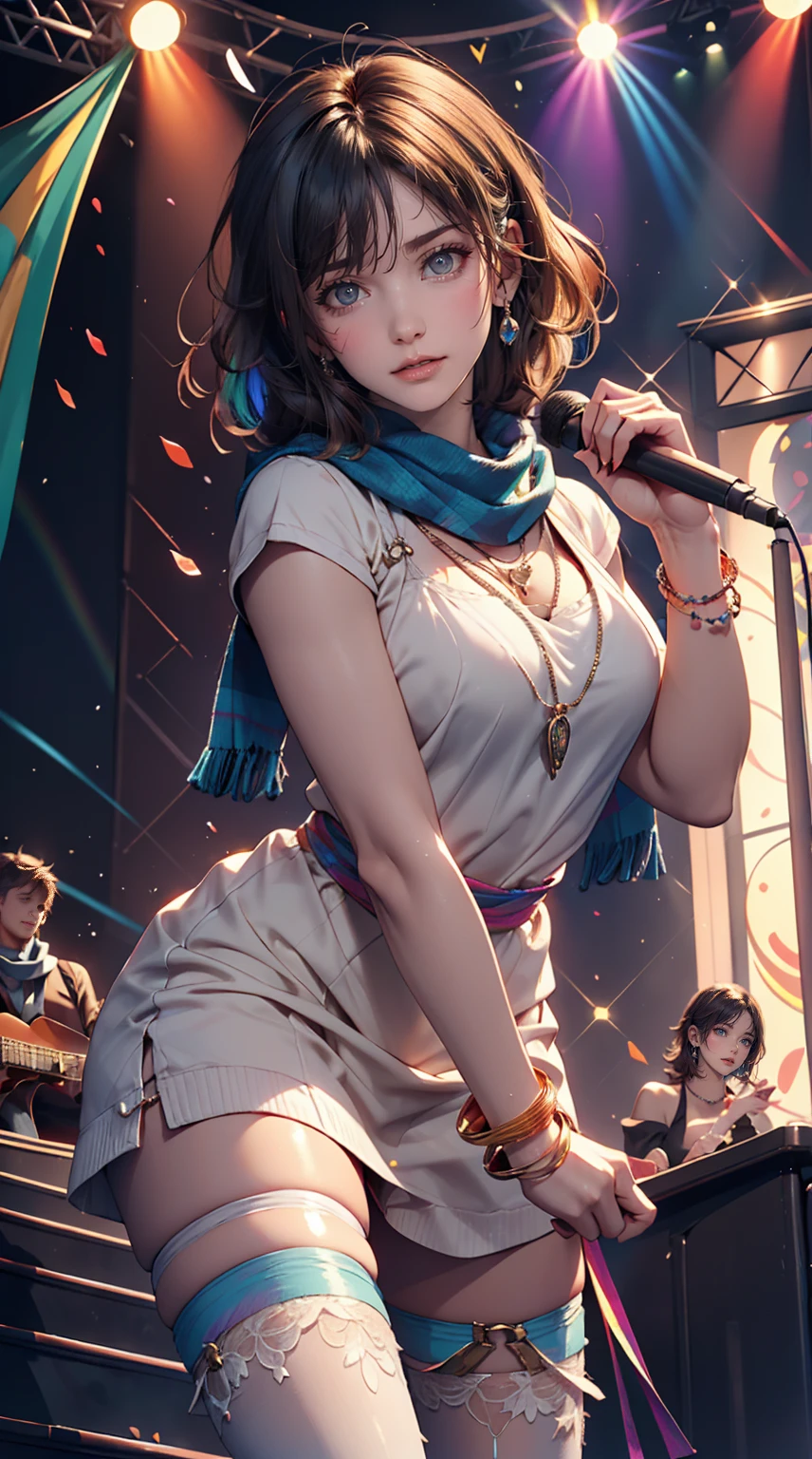 24-year-old woman、Sexy proportions、Sexy、Narrow waist、Attach a necklace、Wear accessories on your wrist、Natural curls((wavy hair))、Shortcuts((short hair))、hair scarf((hair scarf))、Rainbow Hair((rainbow hair))、Mini Charleston Dress((Charleston dress))wear、Wearing stockings、Wear stiletto heels、Concert Stage、In the spotlight、The halo of the rainbow shines