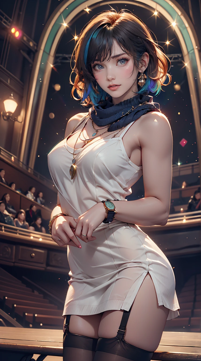 24-year-old woman、Sexy proportions、Sexy、Narrow waist、Attach a necklace、Wear accessories on your wrist、Natural curls((wavy hair))、Shortcuts((short hair))、hair scarf((hair scarf))、Rainbow Hair((rainbow hair))、Mini Charleston Dress((Charleston dress))wear、Wearing stockings、Wear stiletto heels、Concert Stage、In the spotlight、The halo of the rainbow shines