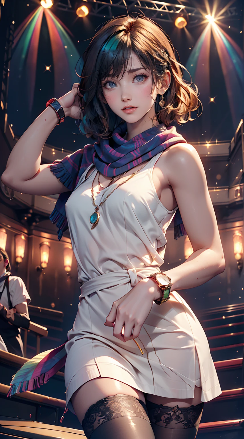 24-year-old woman、Sexy proportions、Sexy、Narrow waist、Attach a necklace、Wear accessories on your wrist、Natural curls((wavy hair))、Shortcuts((short hair))、hair scarf((hair scarf))、Rainbow Hair((rainbow hair))、Mini Charleston Dress((Charleston dress))wear、Wearing stockings、Wear stiletto heels、Concert Stage、In the spotlight、The halo of the rainbow shines
