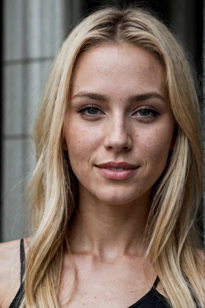 photo and gross, Face portrait photo of beautiful 26 years old blonde ..oh woman, Beautiful face, wearing a black dress, happy face, hard shadows, cinematic shot, dramatic lighting