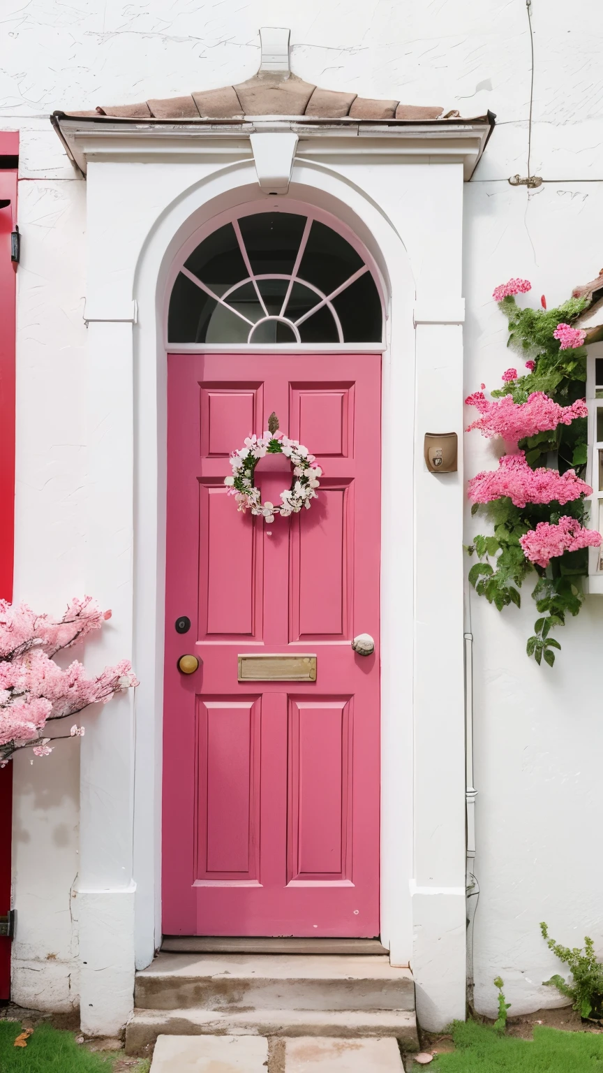 A high-resolution photo of bright pink flowering trees with many small petals and a natural curve, arching over a red door set in a white wall. The vivid colors of the flowers and door are emphasized against the white background, with sharp details and a beautiful, realistic style.