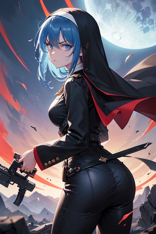 BREAK masterpiece masterpiece masterpiece,best quality best quality best quality,super detailed,super fine illustration,8k quality,anime style,detailed background,beautiful background,dynamic angle,ass pov,cool cool cool, BREAK {Monastic Clothes},{Black Veil},military jacket,BREAK(holding in right hand_weapon:1.3),(holding in left hand_weapon:1.3),perfect weapon,BREAK {sharp eyes},{thick eyebrows},blue hair,Blue Eyes,middle age,angry face,perfect face,perfect hands,Nuns,BREAK she shots a monster's head with weapon,around Monster,battle field,BREAK church,red moon,night,detailed background,beautiful background,super detailed,