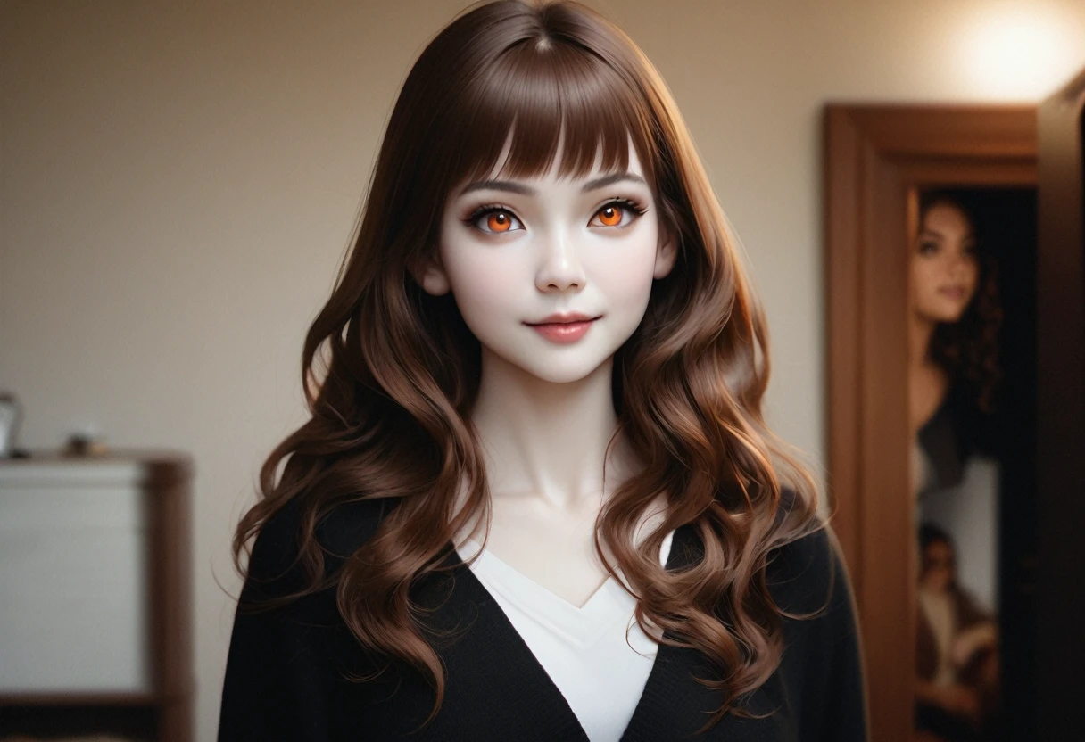 Upper Body, Realistic, real person, (pale skin: 1.2), RAW photo, photorealistic, shiny skin, shiny hair、(A 25-year-old woman with medium-length hair and bangs) and (wavy hair) and (brown hair) and (Orange Eyes) , Wearing a white V-neck top 、smile, The background is the living room、Alone、Are standing