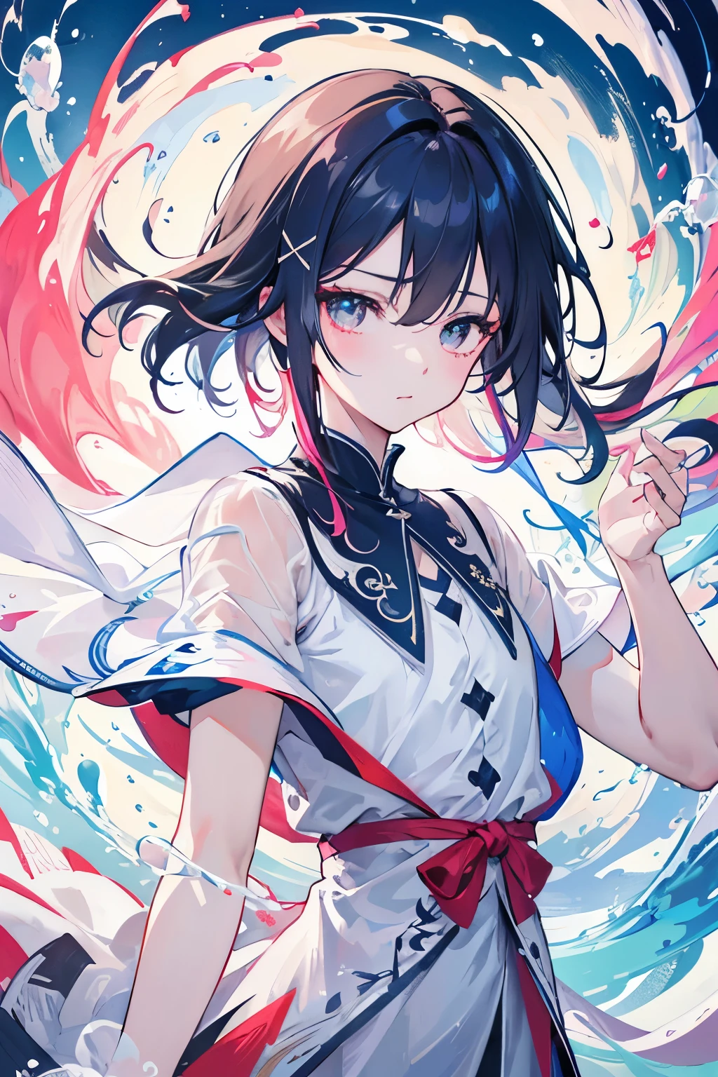 Xingqiu (masterpiece), (best quality), (ultra detailed),(disheveled hair),(illustration), (1boy), beautifuldetailedeyes,delicate beautiful face,Floating,(high saturation),(colorful splashes),colorful bubble,(shining),focus on face