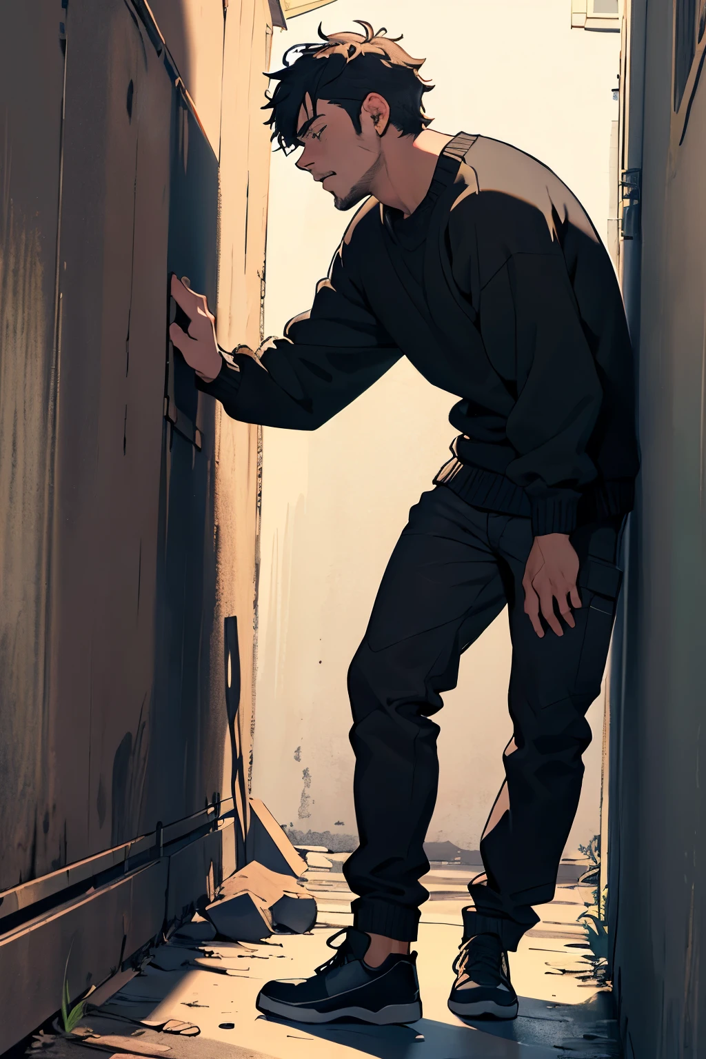 ((Best Quality)), ((Masterpiece)), (detailed), 1 chico, black sweater, black pantaloon, leaning against the wall, crying, I expressed having lost everything, sideways