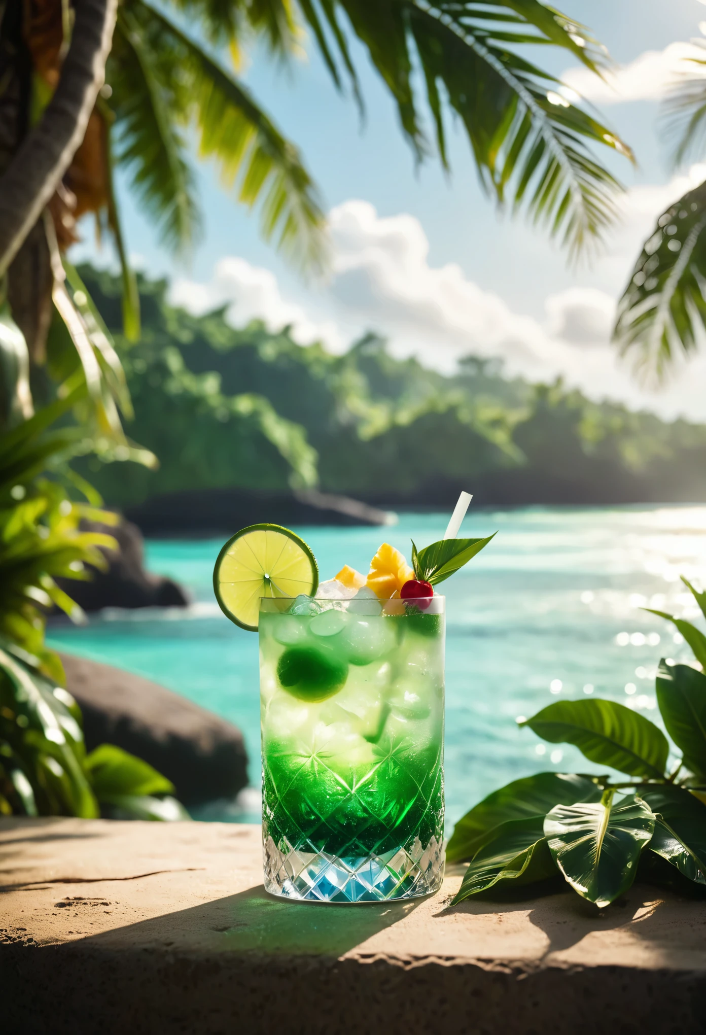 luxury cocktail in a tropical oasis, bokeh, sunlight, ocean, ice, particles, lens effects, calm, relaxing, beautiful, green, plants, tropical, cinematic, film grain, food photography, product design,
official, editorial, magazine cover, best quality, high quality, masterpiece, absurdres, highres, intricate details,
