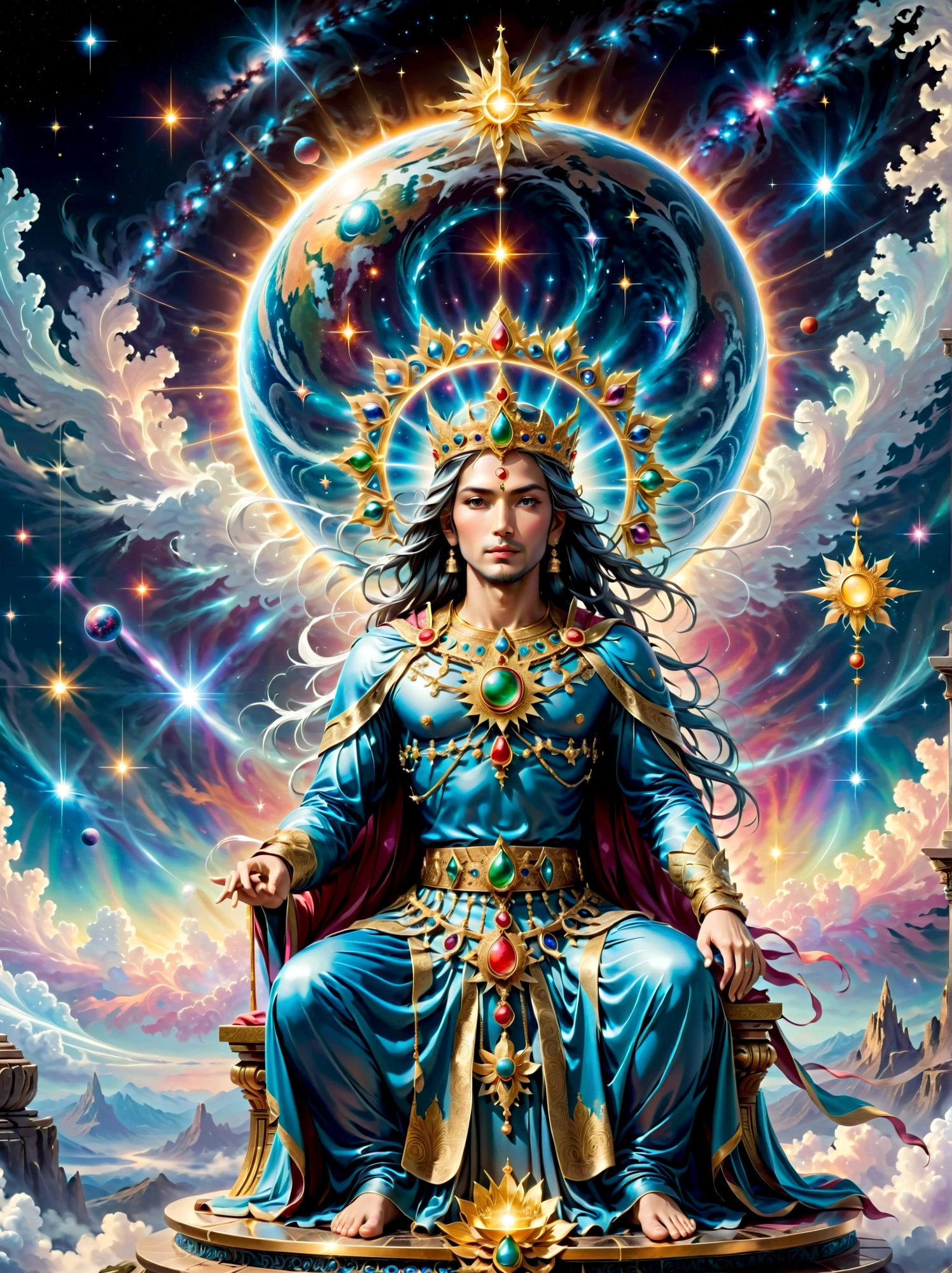 A divine figure of supreme power, seated on an ethereal throne in the midst of a celestial landscape, The figure emanates a radiant glow, highlighting the magnificent attire adorned with various gems and symbols of cosmos, The face of the divinity is one of kindness and wisdom, the eyes revealing an understanding of the universe's mysteries, Around the figure, cloud formations depict faint images of celestial beings, Their posture conveys a sense of authority, yet benevolence. Below, the majestic view of Earth spins slowly, dwarfed by the vast expanse of cosmos beyond, illuminating the figure's universal reign