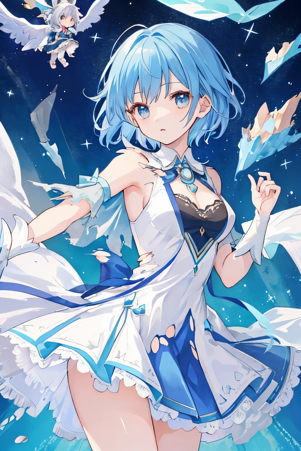 1 oneesama, magical girl in badly torn magical dress ,dancing:1.3, short hair,,blue magical uniform , 20 year old, Full breasts, , {{flat breasts, } , portlate ,Official art, close up view, torned  Panties, A large amount of semen on the chest:1.3 ),different hair, pieces of cloth is flying:2.0, grabbing magical cepter :1.8,
break; (completely torn  magical dress:1.6),badly torn skirt:1.4
break; Troubled and surprised expression:1.4, bouncing breast:1.2