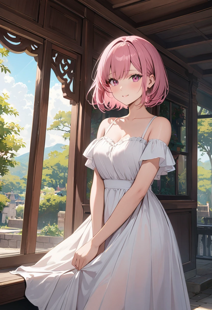 Alcanevi, A woman with medium-short pink hair wearing a white dress, Woman&#39;s face, Unreal Engine Character Art, Portraiture