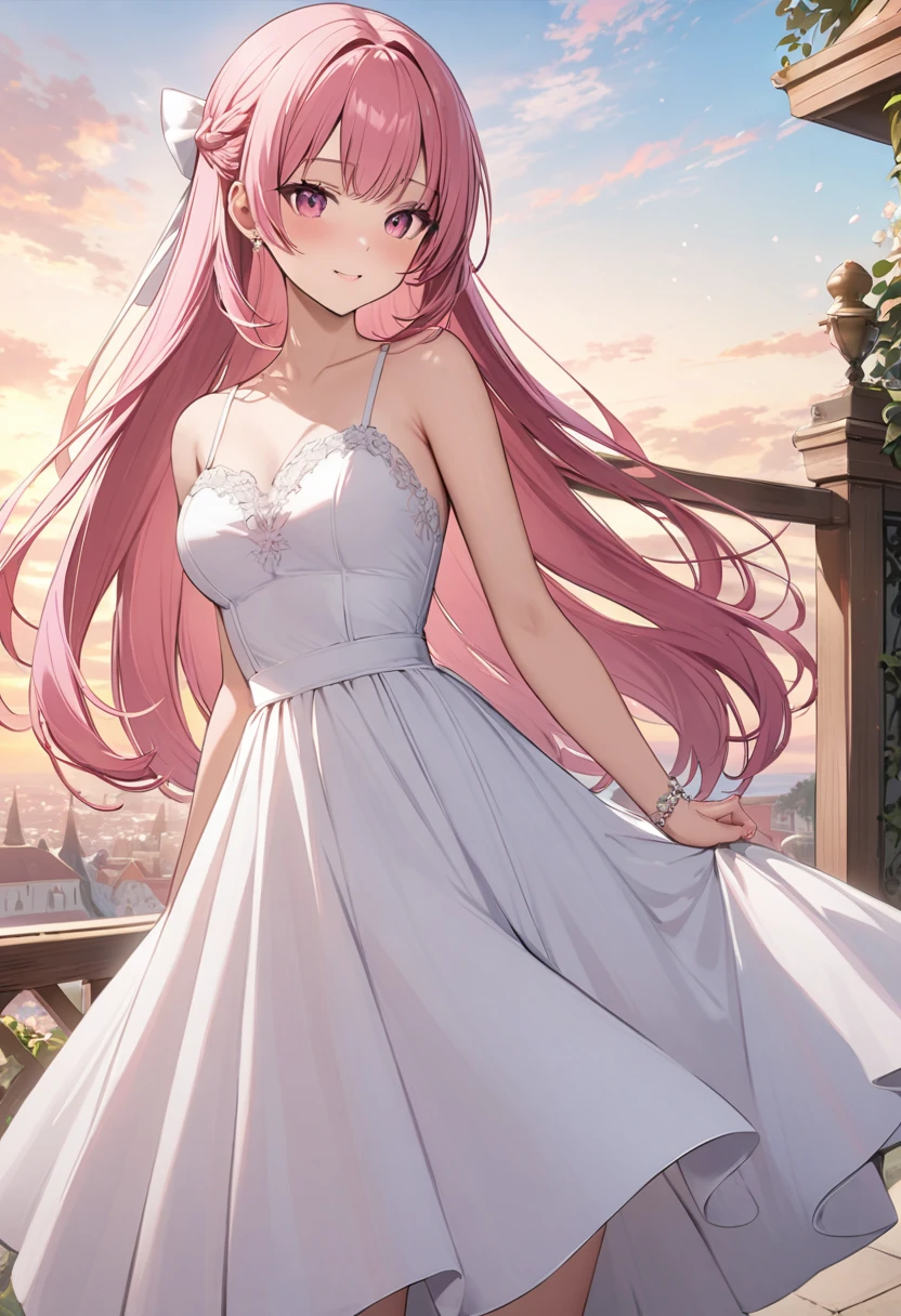Alcanevi, A woman with medium-short pink hair wearing a white dress, Woman's face, Unreal Engine Character Art, Portraiture