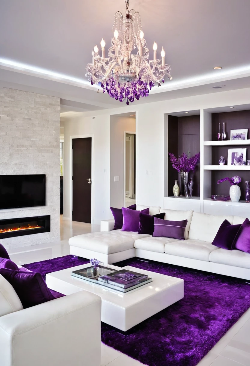 A luxurious living room with a touch of elegance and sophistication. The focal point is a large white sectional sofa with plush purple pillows, creating a striking contrast against the white walls and the soft purple rug. The room is illuminated by a sparkling crystal chandelier, casting a warm glow over the sleek, modern furniture and accessories. The TV is mounted on a white wall unit, adding a touch of contemporary style.