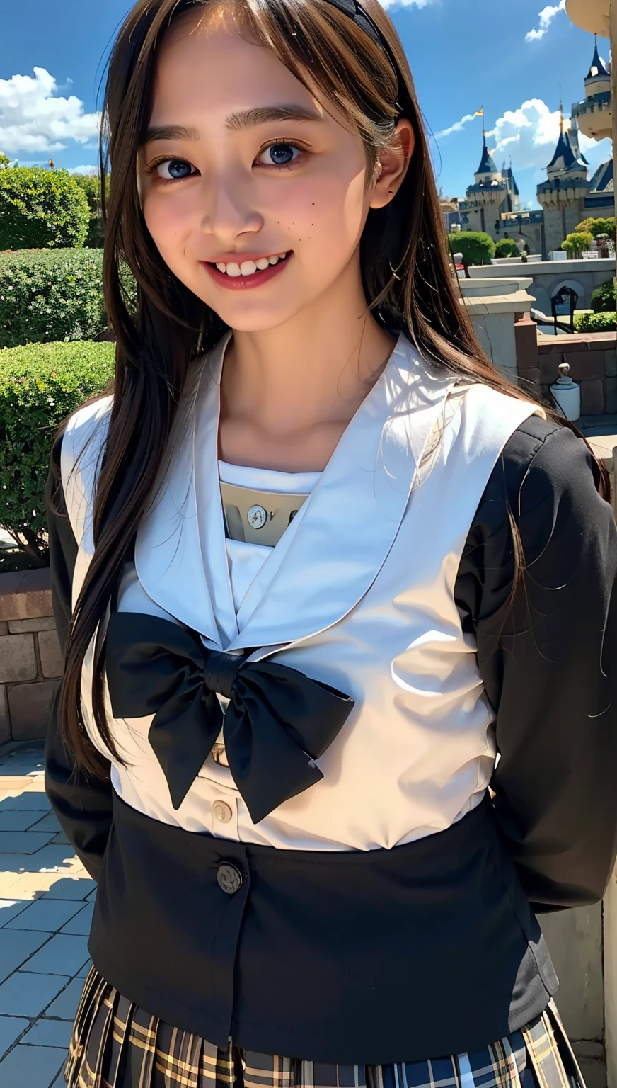(((cowboy shot))),Ultra-high resolution,big eyes,((brown eyes)),Japanese,(forehead),(a girl),(1 girl),(()),(cute),pretty,((facing at viewer)),arms behind back,grin,(((black school sailor uniform))),pleated skirt,(((disney land)))