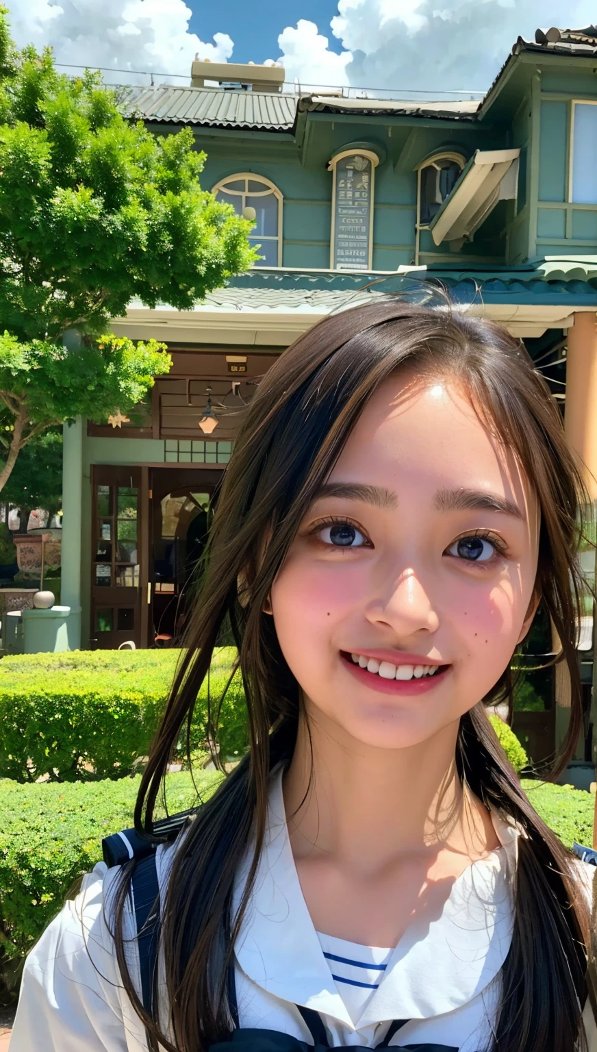 (((upper body shot))),Ultra-high resolution,big eyes,((brown eyes)),Japanese,(forehead),(a girl),(1 girl),((17 years old)),(cute),pretty,((facing at viewer)),arms behind back,grin,(((black school sailor uniform))),pleated skirt,(((disney land))),((cloudy weather))