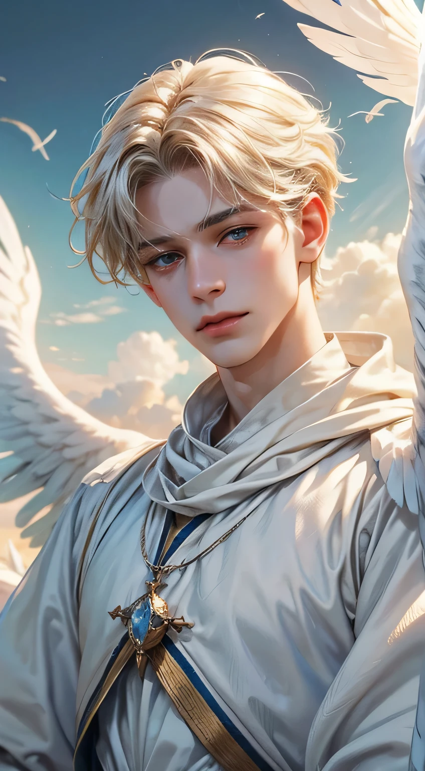Beautiful boy angel in medieval white clothes, Above the beautiful and realistic clouds, big and realistic white feathers, masuter piece, high-level image quality, Realistic and delicate depiction, Looking at Viewer, Beautiful, Realistic and delicate face