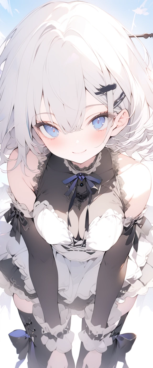 beautiful, masterpiece, Highest quality, anime, One girl, C Cup,Portrait Shot, View your viewers, Covered、Short Hair、nearby、Blue Eyes、art、、White hair,Blue streaked hair、wallpaper、hairpin、Cute smile、Thighs、 blue sky、Gothic ta、Gothic Loliody stockings、Underskirt、Platform long boots