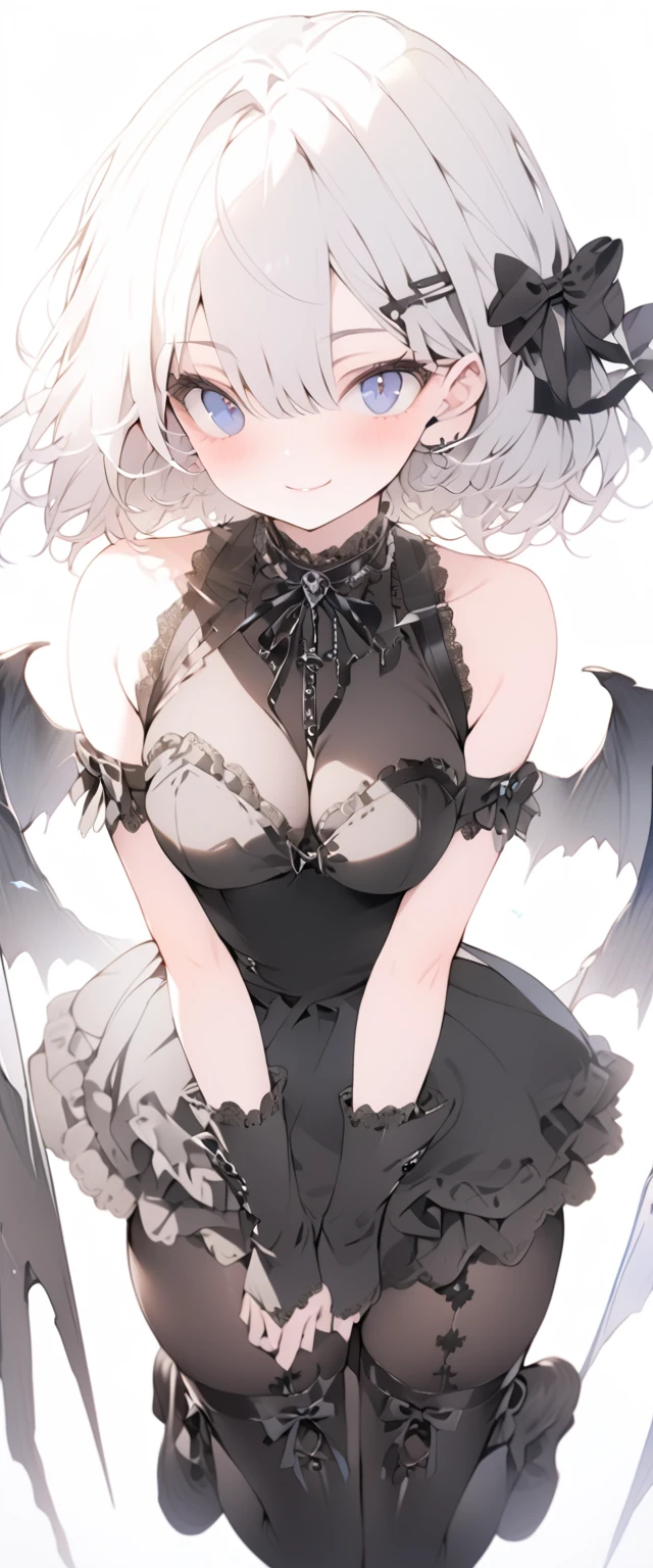 beautiful, masterpiece, Highest quality, anime, One girl, C Cup,Portrait Shot, View your viewers, Covered、Short Hair、nearby、Blue Eyes、art、、White hair,Blue streaked hair、wallpaper、hairpin、Cute smile、Thighs、 blue sky、Gothic ta、Gothic Loliody stockings、Underskirt、Platform long boots