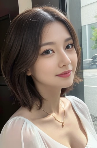 (Raw photo), (Photo realistic), (masterpiece), (Highest quality), High resolution, 8K resolution, (Exquisite detail), (Volumetric Light), Portraiture, woman, Age 35, short hair, Straight Hair, Brown haired, Very white and translucent skin,Highly detailed eyes, necklace, Very fine eyebrows, eyelash,Highly detailed skin, Highly detailed mouth, Highly detailed nose, The best beauty,Cute like an idol, Seduce, Smile, ((Look at the viewers)), (An elegant and transparent white blouse), Random Body Orientation,Larger breasts,valley