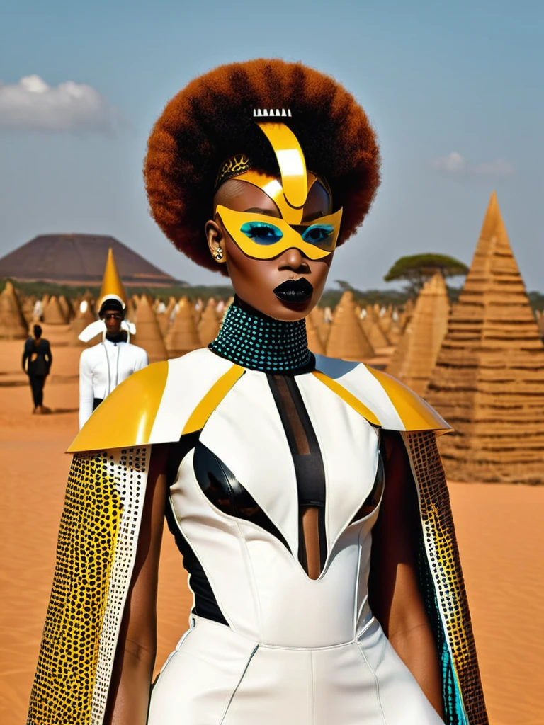 Afrofuturist mode photography, capturing the essence of Afrocentric style and futuristic esthétique in stunning visual Récits, mode:1.4, esthétique:1.3, Récits:1.2. , afrofuturisme