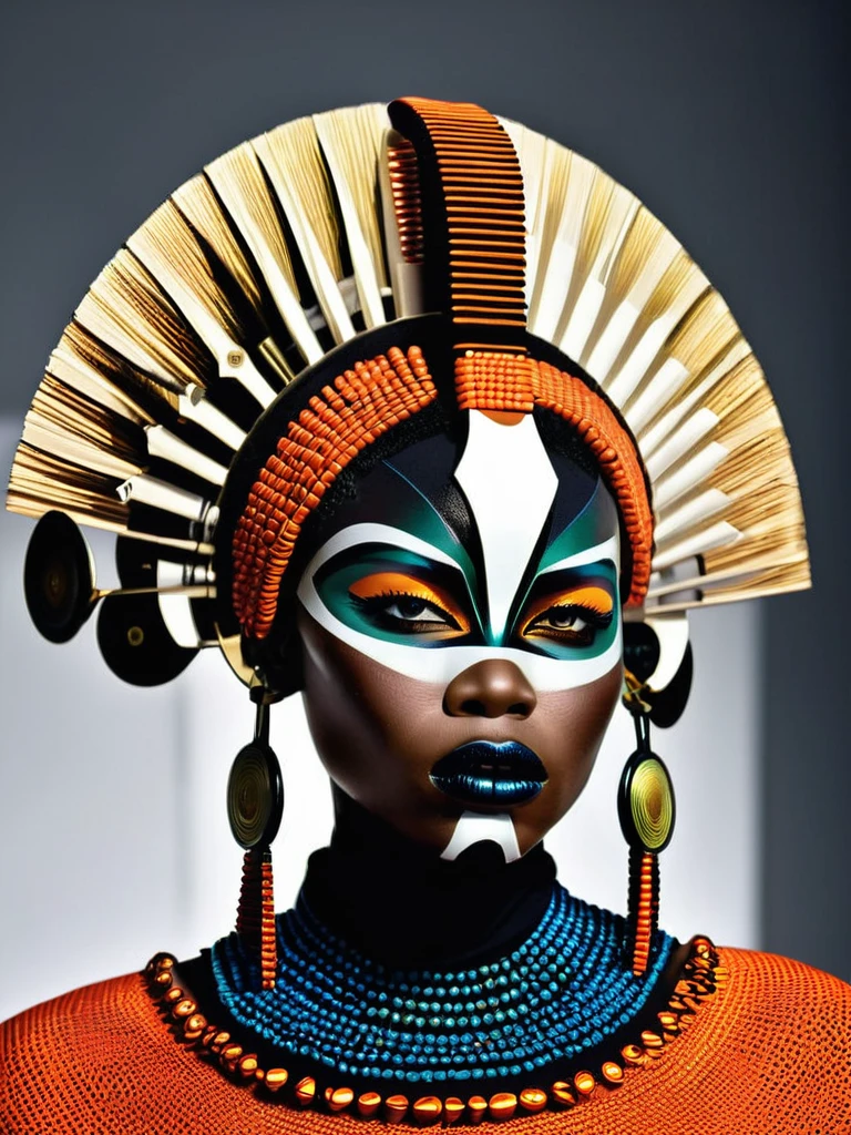 Afrofuturist mode photography, capturing the essence of Afrocentric style and futuristic esthétique in stunning visual Récits, mode:1.4, esthétique:1.3, Récits:1.2. , afrofuturisme