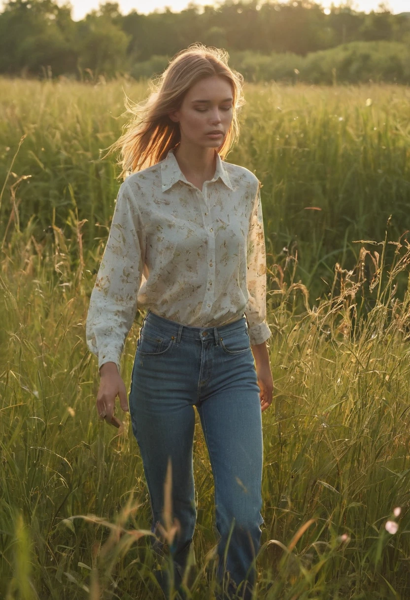 a woman walks through tall grass meadow, blue grass, dense greenery surrounding her, grown past her waist, tall grasses, she moves like silk through the WILD FLOWER meadow, tip of blue sky, warm sunlight edges every grass, glow bugs, lighting bugs, early evening summer, warm and hot air, her hair merges into the light, the jeans comforting, the slush amber shirt, pristine collar, styled, she dreamy of one, she's moving through the meadow entering into the multi dimensional she's following a creature in the grass, watching it, following it home, dragonfly and insects, stuttering, collared and gaming
