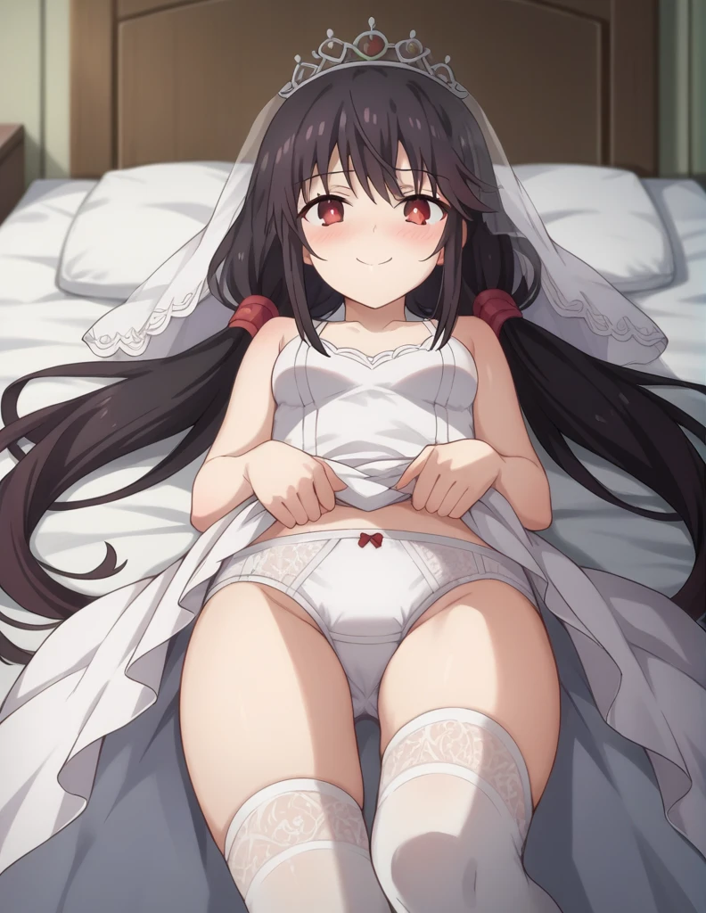 score_9, score_8_up, score_7_up, source_anime, 
kurumitokisaki, kurumi tokisaki, long hair, black hair, red eyes, long hair, smile,
white dress, lift dress, white veil, white briefs, wedding crown, twintails, low twintails,
indoors, on the bed, blush,
looking at viewer, side lying, 
white sling stockings,