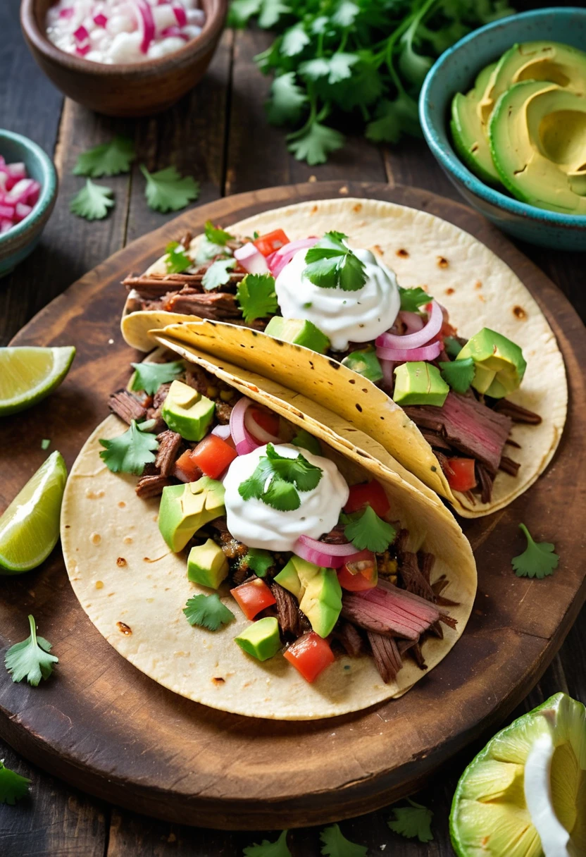 extremely close-up, mouth-watering display of a single taco on a rustic wooden board, the warm lightly toasted corn tortilla is filled with tender seasoned carne asada, topped with fresh colorful ingredients, Bright green slices of avocado, tangy pickled red onions, and a sprinkle of cotija cheese add texture and flavor, A drizzle of creamy chipotle sauce and a scattering of chopped cilantro ensemble, A lime wedge and a small bowl of spicy salsa are placed nearby, The background is a lively festive atmosphere, 