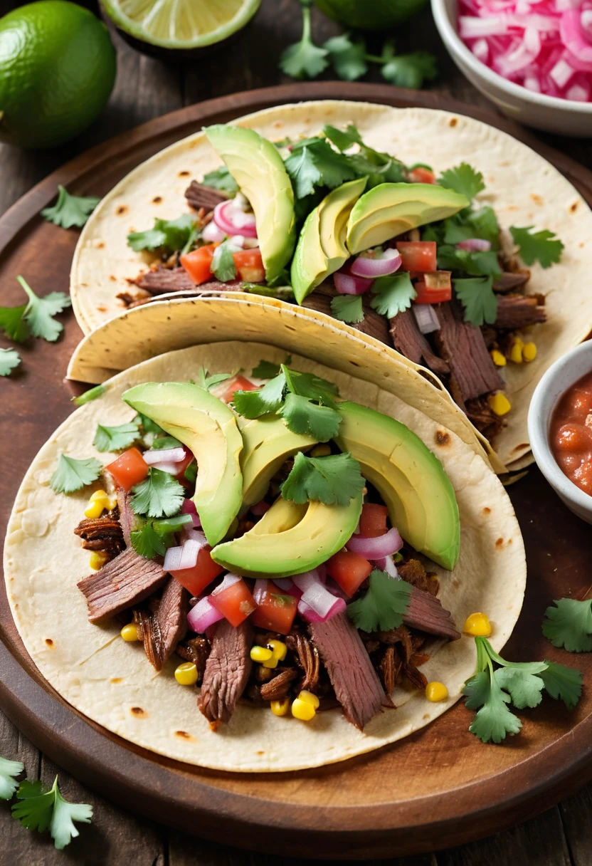 extremely close-up, mouth-watering display of a single taco on a rustic wooden board, the warm lightly toasted corn tortilla is filled with tender seasoned carne asada, topped with fresh colorful ingredients, Bright green slices of avocado, tangy pickled red onions, and a sprinkle of cotija cheese add texture and flavor, A drizzle of creamy chipotle sauce and a scattering of chopped cilantro ensemble, A lime wedge and a small bowl of spicy salsa are placed nearby, The background is a lively festive atmosphere,
